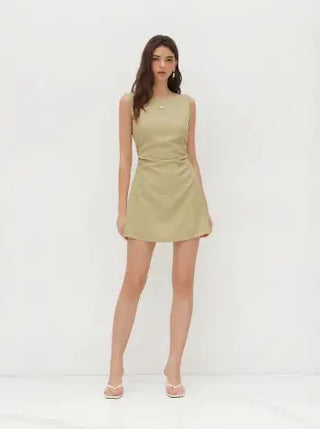 Linen-blend Boat Neck Solid Knotted Backless Mini Dress