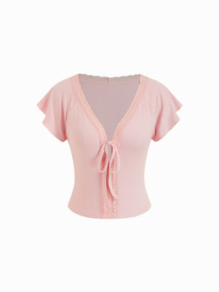 Knit Fabric  V-neck Lace Trim Tie Front Bell Sleeve Tops