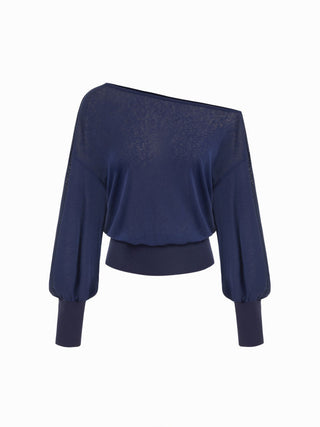 Knit Fabric Cotton-blend Textured Asymmetrical Neck Lantern Sleeve Oversized Top & Cami Top For Daily Casual