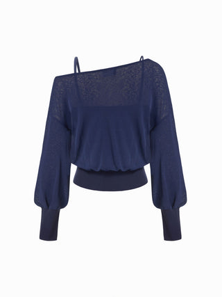 Knit Fabric Cotton-blend Textured Asymmetrical Neck Lantern Sleeve Oversized Top & Cami Top For Daily Casual