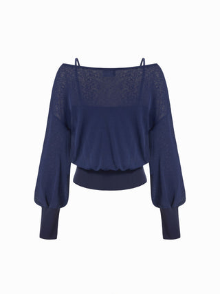 Knit Fabric Cotton-blend Textured Asymmetrical Neck Lantern Sleeve Oversized Top & Cami Top For Daily Casual