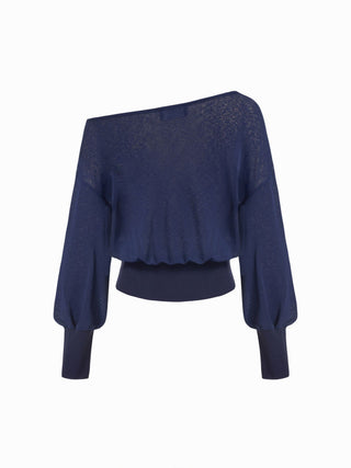 Knit Fabric Cotton-blend Textured Asymmetrical Neck Lantern Sleeve Oversized Top & Cami Top For Daily Casual