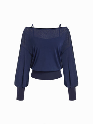 Knit Fabric Cotton-blend Textured Asymmetrical Neck Lantern Sleeve Oversized Top & Cami Top For Daily Casual