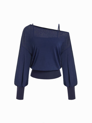 Knit Fabric Cotton-blend Textured Asymmetrical Neck Lantern Sleeve Oversized Top & Cami Top For Daily Casual