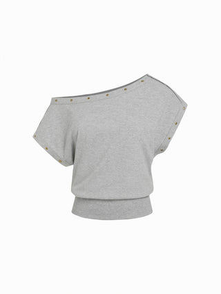 Cotton-blend Asymmetrical Neck Oversize Crop Tee