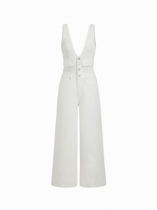Denim V-neck Button Pocket Wide Leg Jumpsuit
