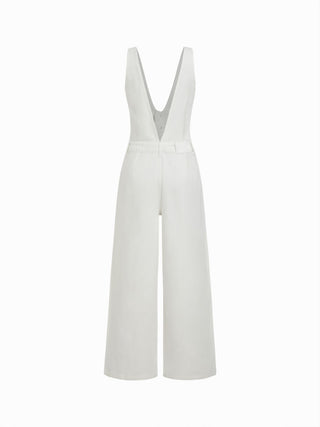 Denim V-neck Button Pocket Wide Leg Jumpsuit