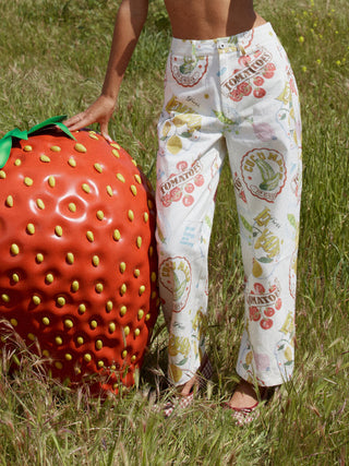 Cotton Mid Rise Fruit Cat Graphic Barrel-leg Trousers