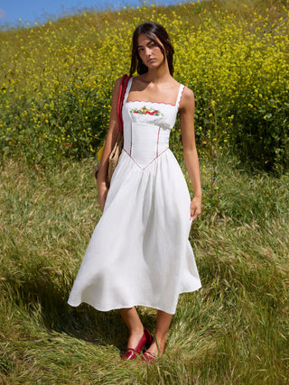 Linen-blend Square Neck Fruit Embroidery Flared Maxi Dress