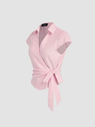 Cotton-blend Polo Neck Stripe Knotted Blouse