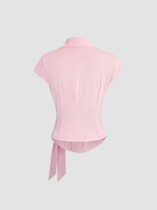 Cotton-blend Polo Neck Stripe Knotted Blouse