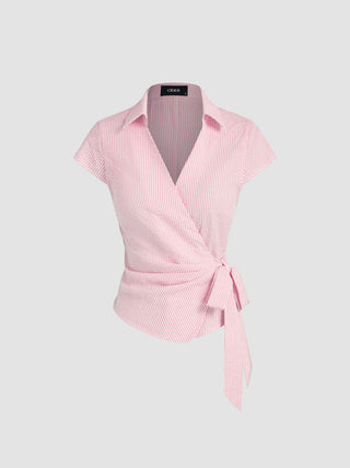 Cotton-blend Polo Neck Stripe Knotted Blouse
