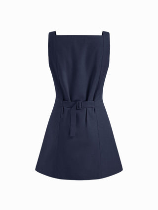Linen-blend Linen-blend Braided Button Back Belt Square Neck Mini Dress For Daily Casual Work