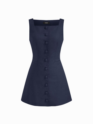 Linen-blend Linen-blend Braided Button Back Belt Square Neck Mini Dress For Daily Casual Work