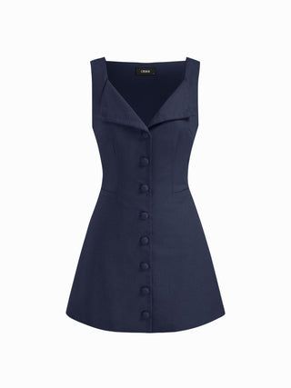 Linen-blend Linen-blend Braided Button Back Belt Square Neck Mini Dress For Daily Casual Work