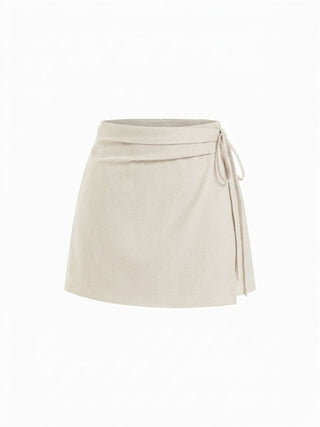 Linen-blend Wrap Front A-line Split Mini Skort