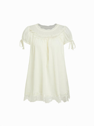Chiffon Lace Trim Puff Sleeve Oversized Blouse
