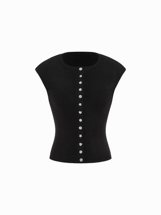 Knit Round Neck Button Front Top