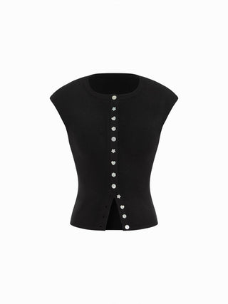 Knit Round Neck Button Front Top