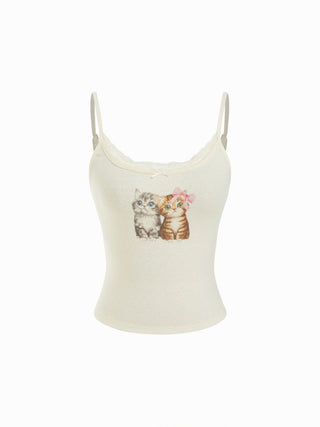 Pointelle Cat Graphic U-neckline Lace Trim Bowknot Cami Top