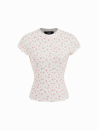 Cotton-blend Floral Round Neck Short Sleeve Tee