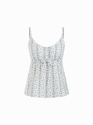 Cotton-blend Floral Scoop Neck Lace Trim Bowknot Oversized Cami Blouse