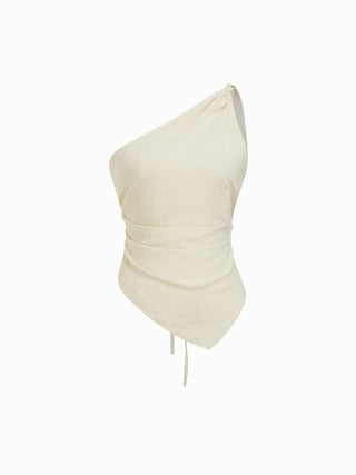 Linen-blend Asymmetrical Neck Ruched One-Shoulder Top