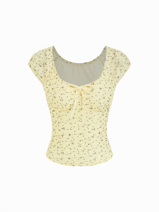 Ditsy Floral Scoop Neckline Knotted Short Sleeve Tee
