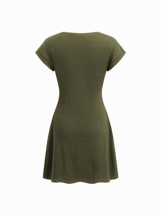 Cotton-blend Round Neckline Ruched Mini Dress