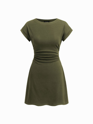 Cotton-blend Round Neckline Ruched Mini Dress