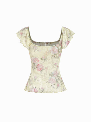 Chiffon Floral Square Neck Twist Knotted Ruffle Sleeve Crop Top
