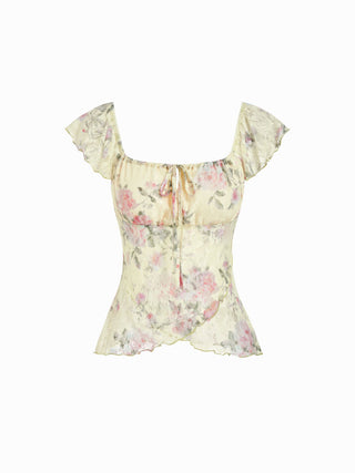 Chiffon Floral Square Neck Twist Knotted Ruffle Sleeve Crop Top