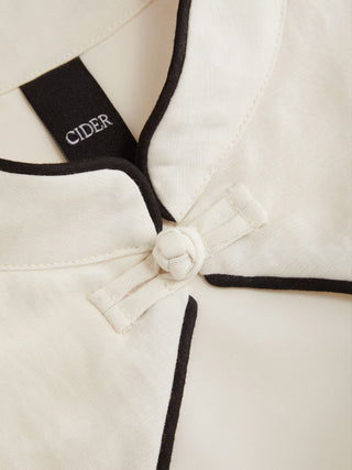 Linen-blend Stand Collar Short Sleeve Cut Out Contrasting Binding Blouse
