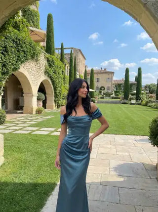 Satin Sculptural Ruched Off-shoulder Mermaid Maxi Dress