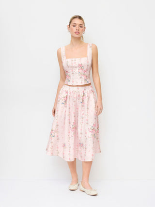 Textured Floral Square Neck Corset Top & Mid Rise Flared Midi Skirt Set