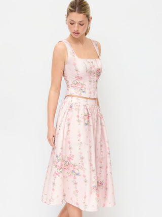 Textured Floral Square Neck Corset Top & Mid Rise Flared Midi Skirt Set