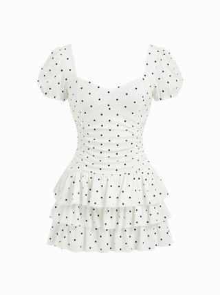 Cotton-blend Sweetheart Puff Sleeve Ruched Tiered Mini Dress