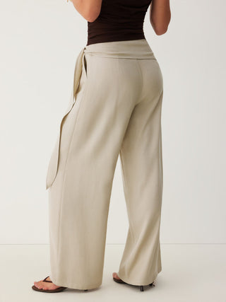 Linen-blend Linen-blend Low Rise Wrap Waist Wide Leg Trousers For Work