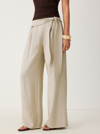 Linen-blend Linen-blend Low Rise Wrap Waist Wide Leg Trousers For Work