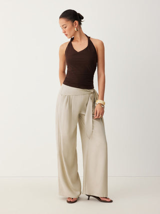 Linen-blend Linen-blend Low Rise Wrap Waist Wide Leg Trousers For Work