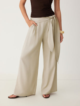 Linen-blend Linen-blend Low Rise Wrap Waist Wide Leg Trousers For Work