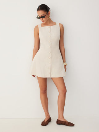 Linen-blend Linen-blend Braided Button Back Belt Square Neck Mini Dress For Daily Casual Work