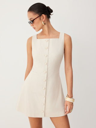 Linen-blend Linen-blend Braided Button Back Belt Square Neck Mini Dress For Daily Casual Work