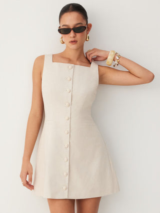 Linen-blend Linen-blend Braided Button Back Belt Square Neck Mini Dress For Daily Casual Work