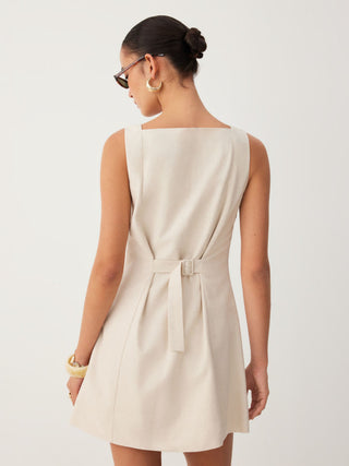 Linen-blend Linen-blend Braided Button Back Belt Square Neck Mini Dress For Daily Casual Work