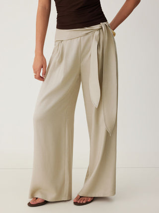 Linen-blend Linen-blend Low Rise Wrap Waist Wide Leg Trousers For Work