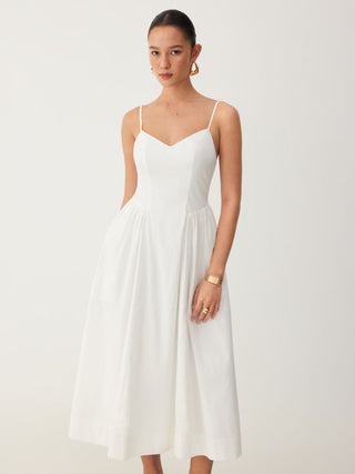 Cotton V-neck A-line Midi Dress