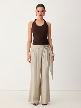 Linen-blend Linen-blend Low Rise Wrap Waist Wide Leg Trousers For Work