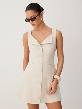 Linen-blend Linen-blend Braided Button Back Belt Square Neck Mini Dress For Daily Casual Work