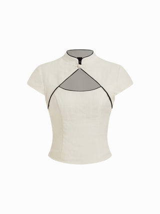 Linen-blend Stand Collar Short Sleeve Cut Out Contrasting Binding Blouse